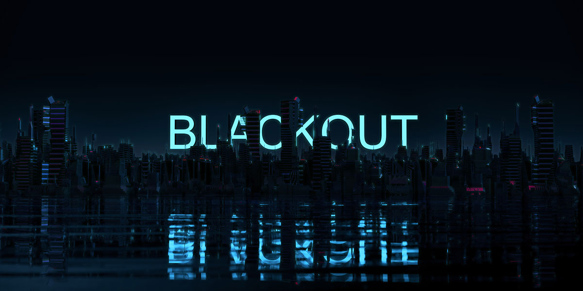 Grafika przedstawia miasto w ciemnościach z napisem Blackout