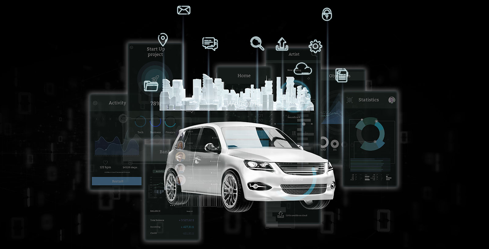 samochód elektryczny z grafiką symbolizującą nowoczesną aplikację w tle