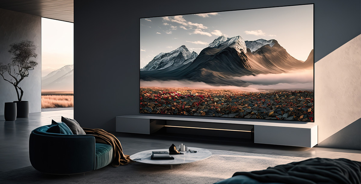 ekran TV na ścianie w nowoczesnym salonie wyświetlający górski krajobraz