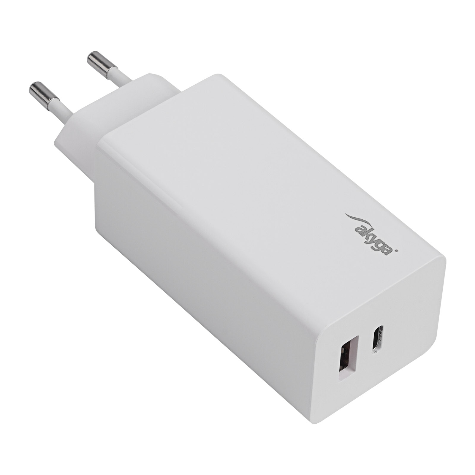 Biała ładowarka USB USB-A + USB-C PD 5-20V / max. 5A 100W Quick Charge 3.0 GaN Akyga AK-CH-20 z widocznym wejściem